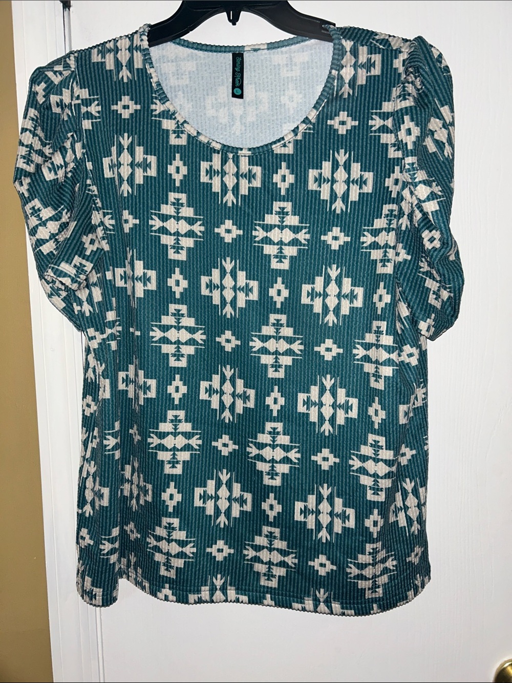 Teal Aztec Short Sleeve Scoop Neck Tee by Unknown